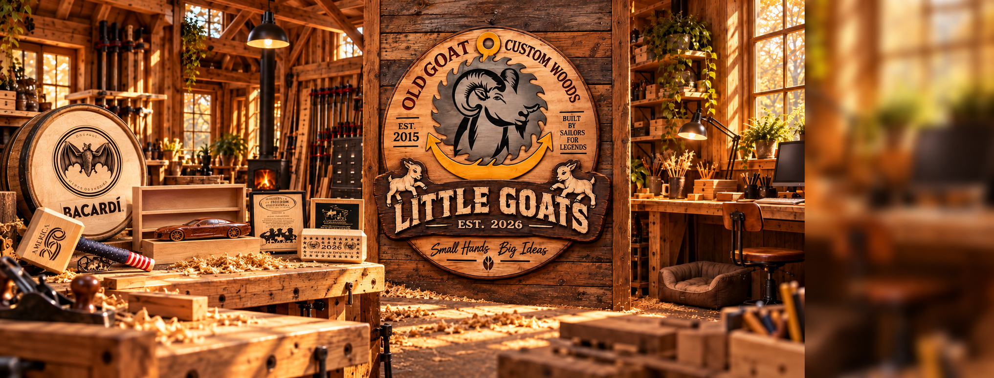 Custom wooden gifts displayed on the workbench at the left of the workshop.
