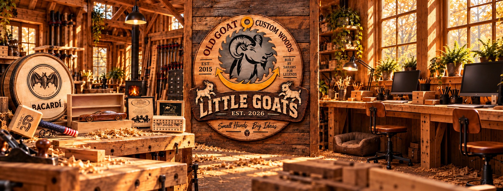 The Old Goat Custom Woods and Little Goats sign in the center of a sunlit workshop, with a desk and dog bed to the right.