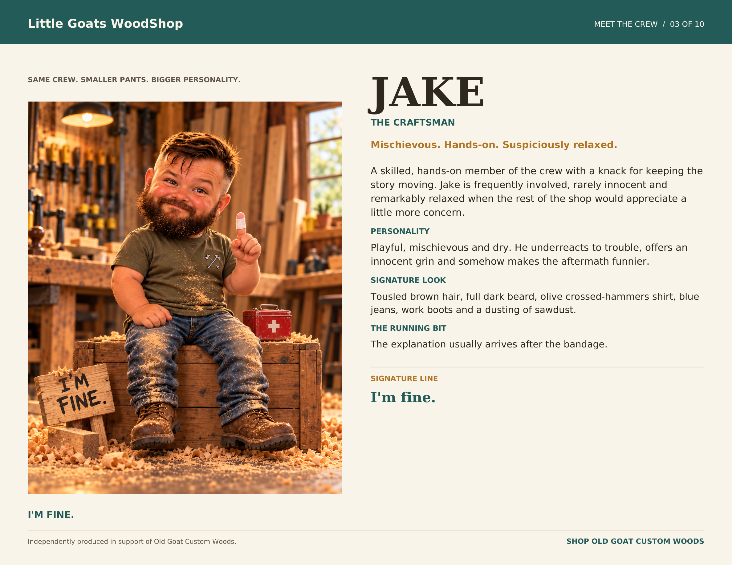 Jake, The Craftsman: mischievous, hands-on and suspiciously relaxed. I’m fine.
