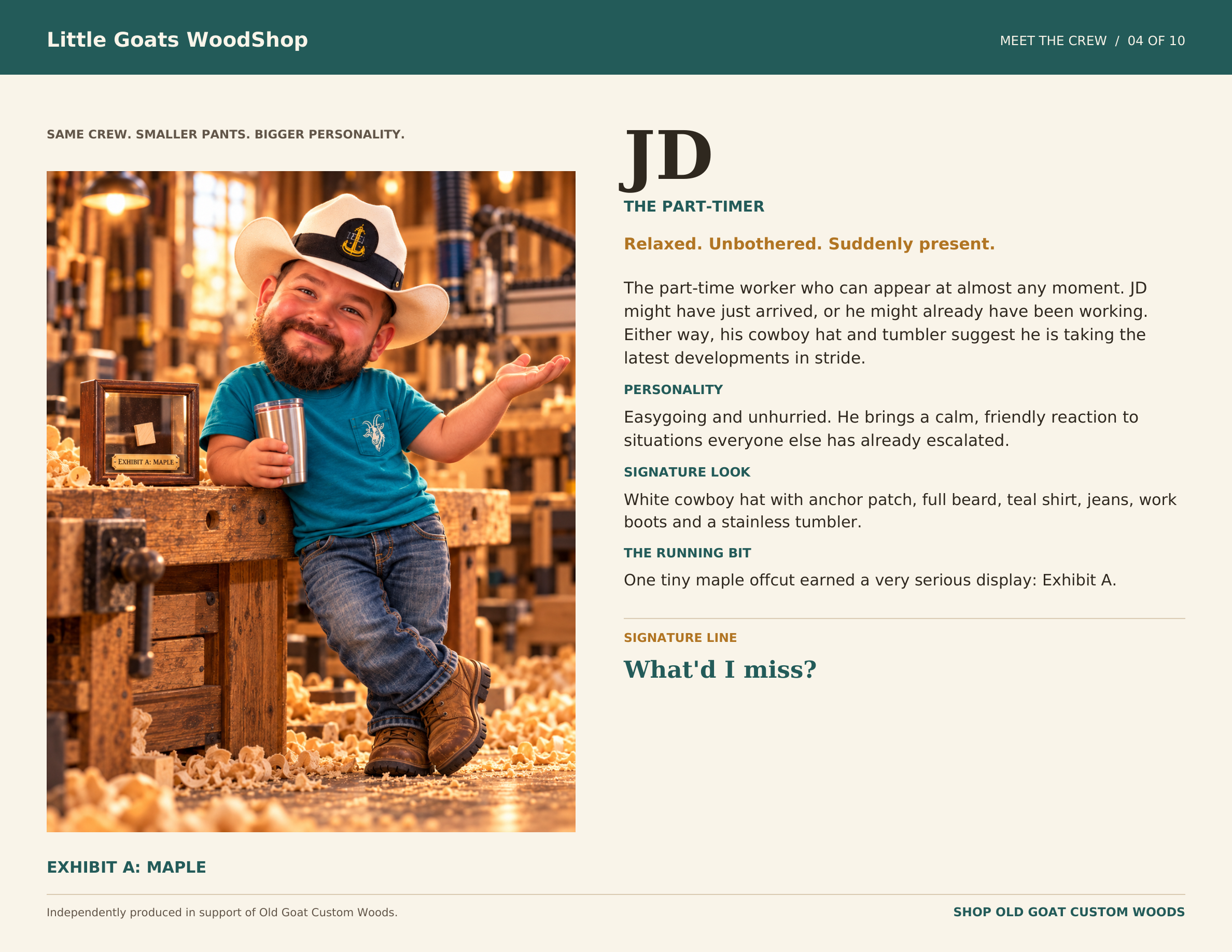 JD, The Part-Timer: relaxed, unbothered and suddenly present, with his cowboy hat and tumbler. What’d I miss?