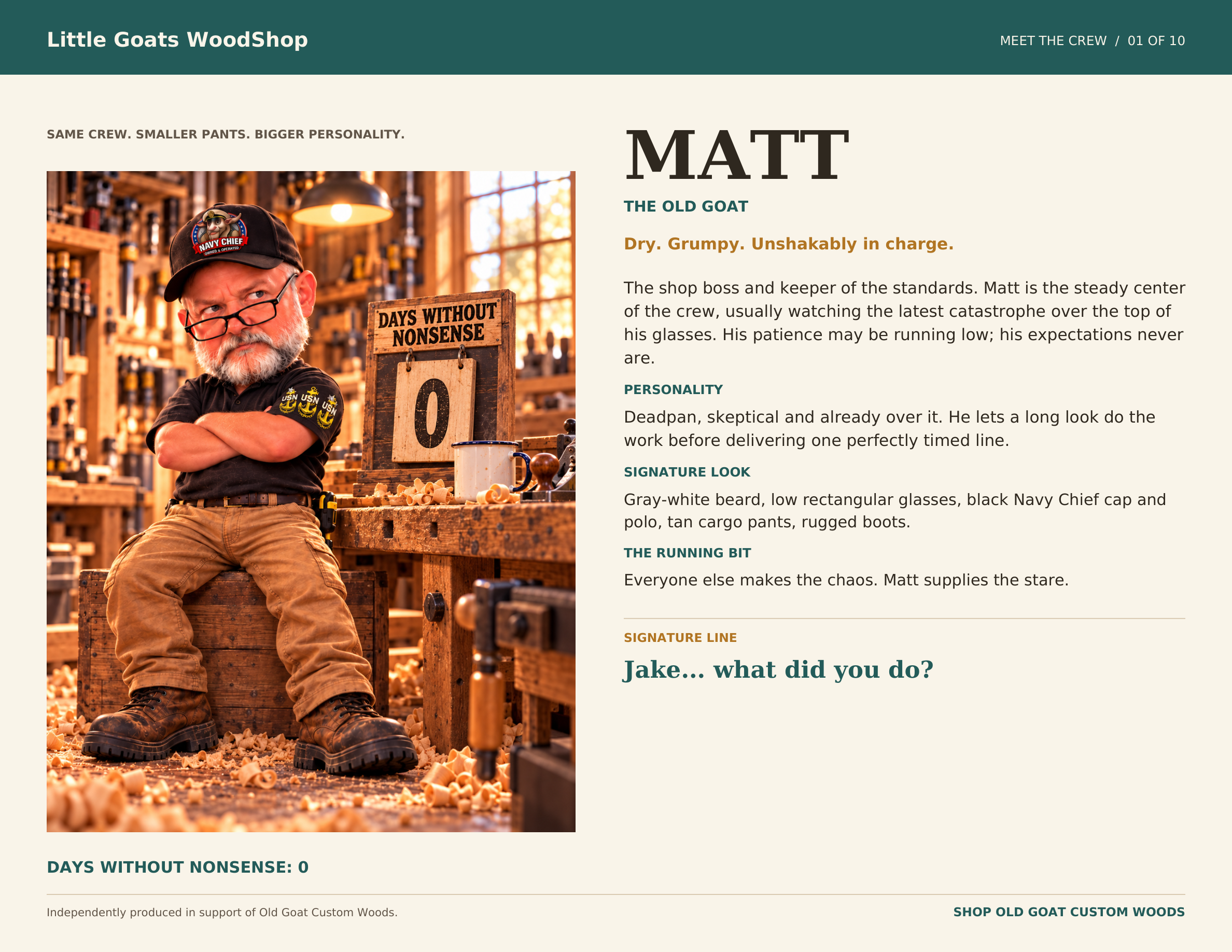 Matt, The Old Goat: dry, grumpy, and unshakably in charge. Days without nonsense: zero.